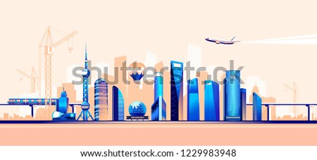Vector illustration of modern smart city, traffic, urban and air traffic, bridges and estokadas railway, horizontal banner