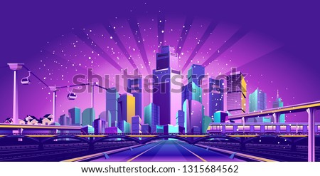 The futuristic night resort city is illuminated by neon lights and light rays, traffic, roads, bridges, estokadas and suspended cable car,