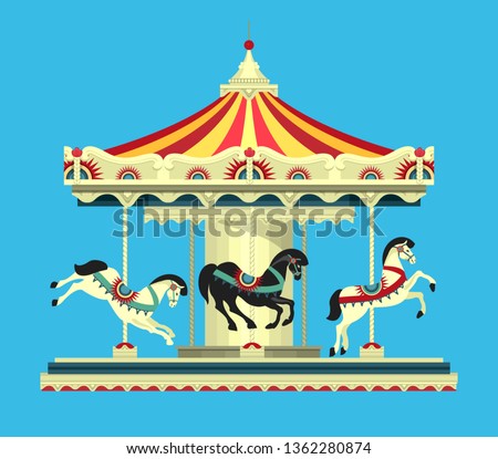Vector illustration, Carousel with horses at the amusement fair and circus performances of carnival shows on a blue background
