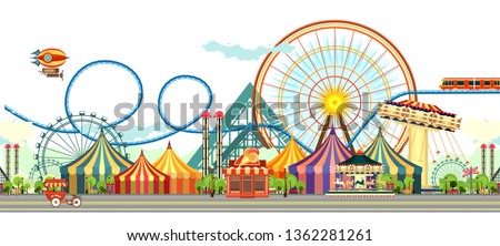 Amusement Park, carousel swing, circus tents on city landscape background, Fan fire show, carnival vector horizontal illustration on white background isolated