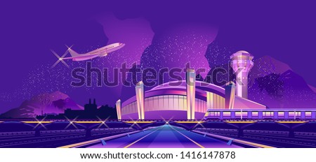 View of the night airport building, illuminated by neon lights, Passenger aircraft against the starry sky, futuristic proud landscape, transport hub, Vector illustration,