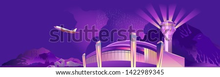 View of the night airport building, illuminated by neon lights, Passenger aircraft against the starry sky, futuristic proud landscape, transport hub, Vector illustration,