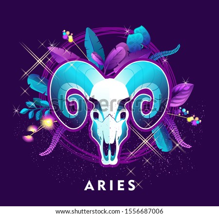 Vector illustration of magic horoscope sign Aries style of the 60s, bright hippie art