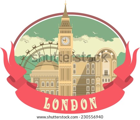 The label with the image of London\'s attractions and ribbon