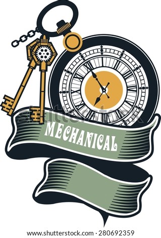 Vector Steam punk mechanical pocket watch elements are interlaced with banners and rotating parts