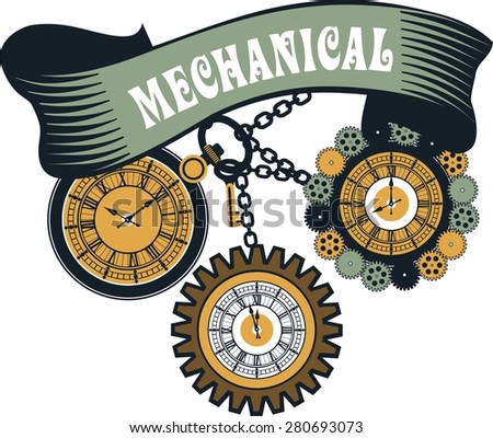 Vector Steam punk mechanical pocket watch elements are interlaced with banners and rotating parts