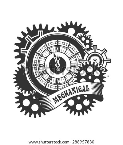 Vector Steam punk mechanical clock and rotating parts in a rectangular shape badge