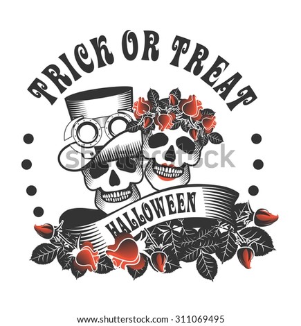 the stylized logo with a skull for a holiday Halloween in round shape Black and white color