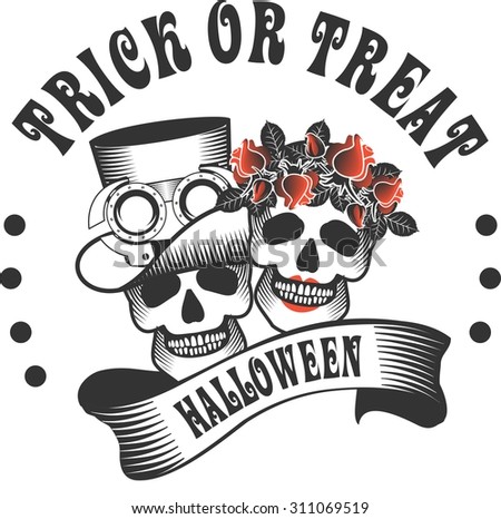 the stylized logo with a skull for a holiday Halloween in round shape Black and white color