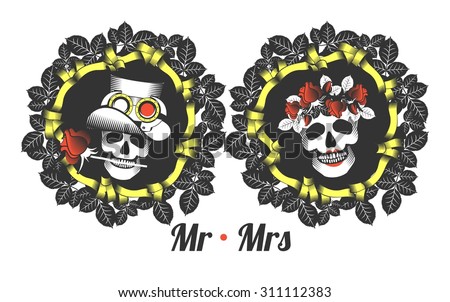 the stylized logo with a skull for a holiday Halloween vintage frame with rose leaves and ribbons Mr. and Mrs.