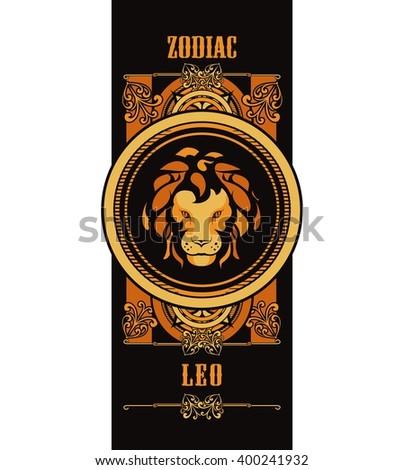 astrological sign Leo is located on an elongated rectangle with gothic ornament