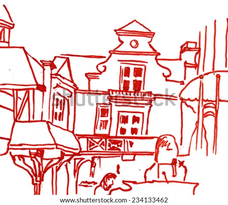 Contrast liner marker sketch of a street of baltic small town
