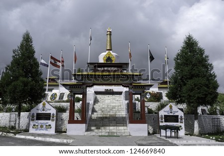 TAWANG, INDIA - SEPTEMBER 20: Flags fly to mark the deaths of Indian serviceman during the Indo-China war of 1962 on September 20, 2011 in Tawang war memorial, Arunachal Pradesh, north east India.