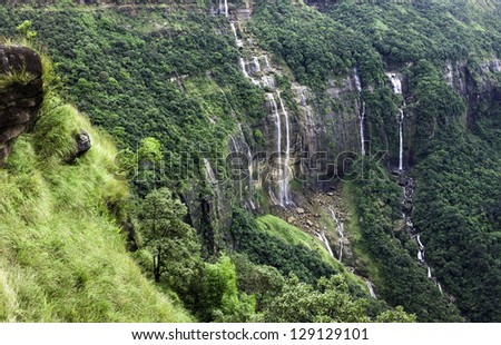 Cherrapunjee, Meghalaya, India. View of the Seven Sisters waterfalls deep in the Khasi Hill near the town of Cherrapunjee in Meghalaya, north east India.