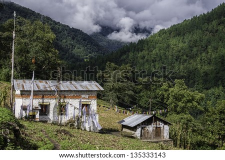 Dirang, Arunachal Pradesh, India. A small village Buddhist Gompa (temple)  of the Monpa tribe high up in the mountains near the town of Dirang in western Arunachal Pradesh, north east India.