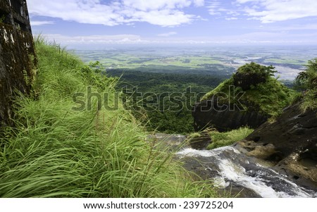 Cherrapunjee, Meghalaya, India: Waterfall over the Khasi Hills overlooking the road and forests of Bangladesh near Cherrapunjee, the wettest place on earth.