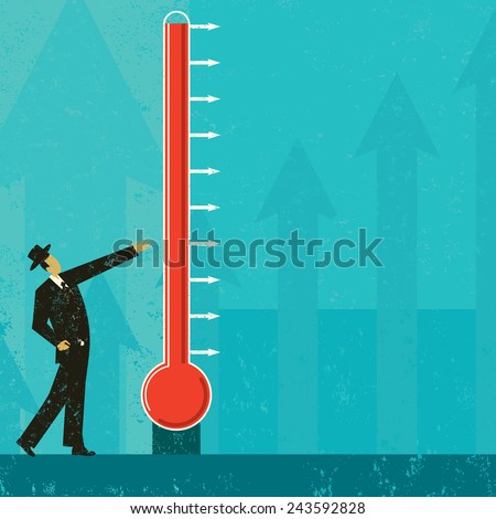 Goal Thermometer A man measuring the progress of a large fund raising thermometer. The level of mercury is easy to move up and down. The thermometer & man and background are on separate labeled layers