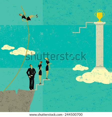 Overcoming Obstacles A businesswoman pole vaulting over other business people to achieve her goal. The people and background are on separate labeled layers.
