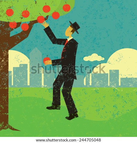 Picking the low hanging fruit A man picking the low hanging fruit. The man & tree and background are on separate labeled layers.  商業照片 © 