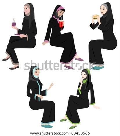 Khaliji Women Icons In Sitting Positions-vector