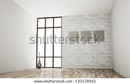 Design of an empty room with a window and a brick wall