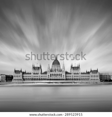 Parliament building in Budapest on sunset. Budapest the capital of Hungary. Photo by long exposure