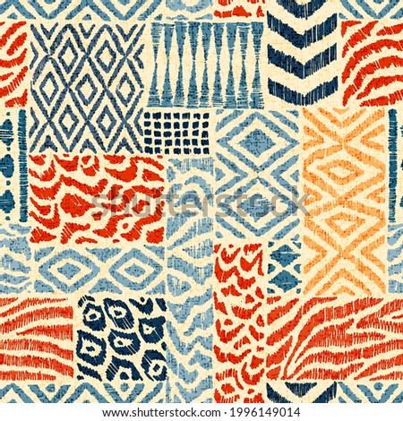 Seamless patchwork pattern. A collection of hand-drawn textures. Animal print for textiles. Ethnic and tribal motifs. Vector illustration in the style of boho.
