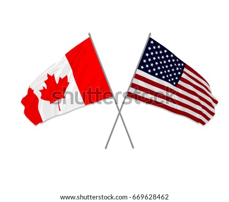 USA and Canada crossed flags waving in the wind as sign of cooperation or sport competition or diplomatic meeting event.Vector illustration.