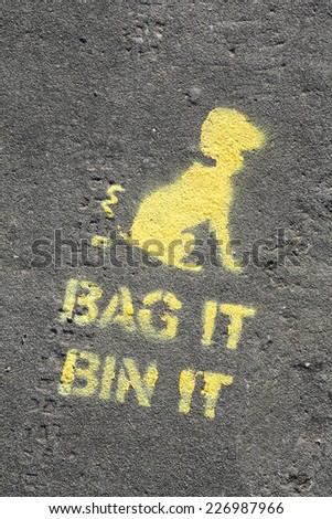 Bag it and Bin it sign printed on a path, to encourage cleaning up after your dog..