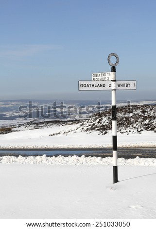United Kingdom, Finger post, Yorks North Riding, pointing to Goathland, Beck Hole and Whitby. North Yorkshire, England, United Kingdom, North Yorkshire Moors.