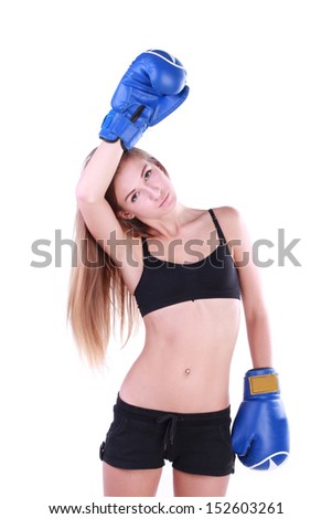 Hard sport. Tired sportsmen. Boxing female.