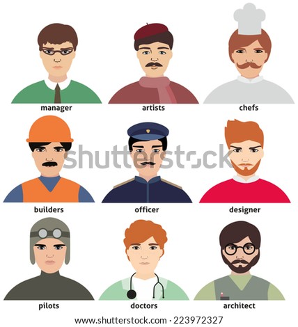 Set of flat people icons. Different faces of people for avatar, men of different professions