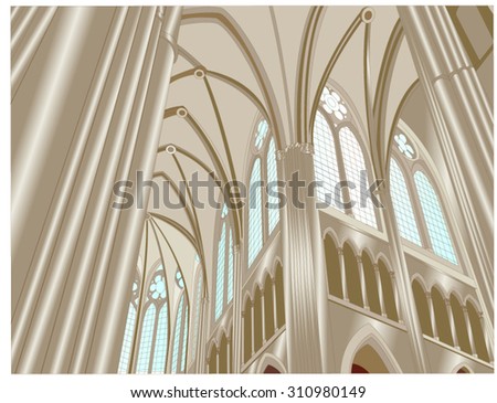 Part of the interior of a Gothic cathedral Notre Dame in Reims with groups of columns, arches, stained glass windows and ornate without walls would be completed in 1311