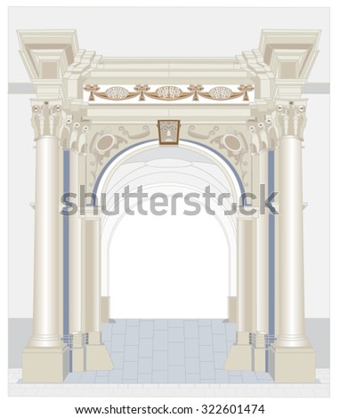 Portal significant historical buildings in the pseudo-Gothic style, shaped columns with Renaissance capitals, vault in passage and relief decorations of the vault