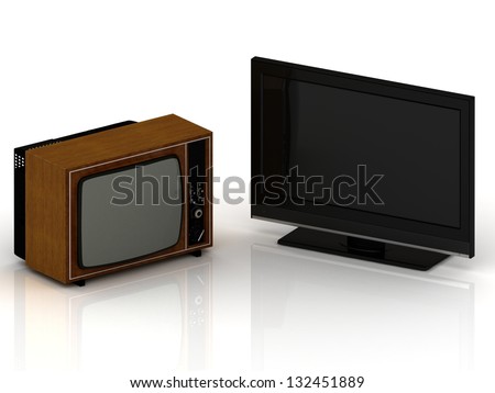 Old TV in a wooden case and a new LSD TV set on a white background