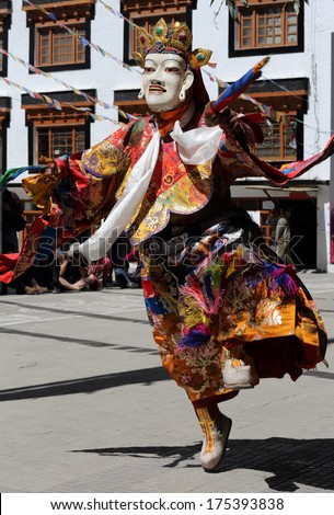 LEH - INDIA - SEPTEMBER 25, 2013: Unidentified dancer at a traditional Buddhist mask dance of the annual Ladakh Festival 2013 on September 25, 2013 in Leh, India.