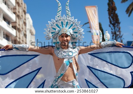 LANZAROTE, SPAIN - FEB 14: Man in costumes at the Carnival in Arrecife, on February 14, 2015. Lanzarote, Canaries islands, Spain.