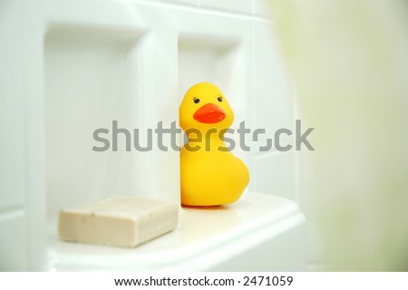 Pulling the shower curtain back to reveal bath time with rubber ducky and bar of soap.