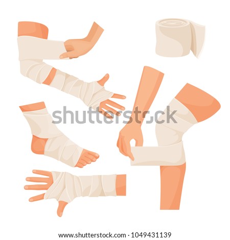 Elastic bandage on injured human body parts set