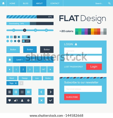 Flat web and mobile design elements, buttons, icons. Website template.