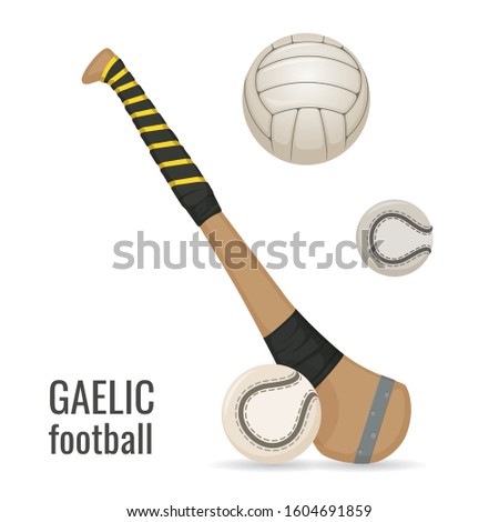 Gaelic football club and balls icon set. Irish football sport equipment. Vector