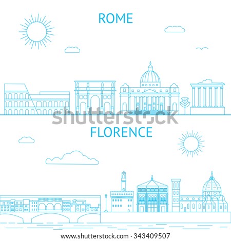 Rome and Florence vector line illustrations. Rome and Florence skyline.