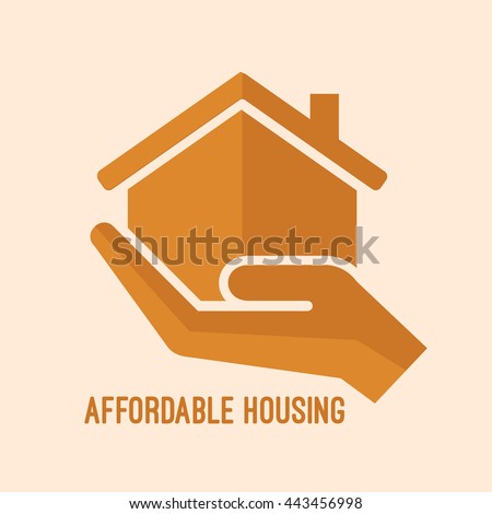 Affordable housing icon. House in hand vector illustration. Flat style