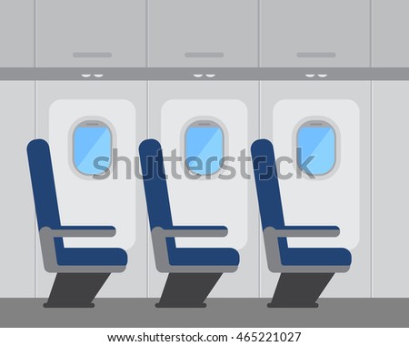 Aircraft interior with windows and seats, colorful flat vector illustration