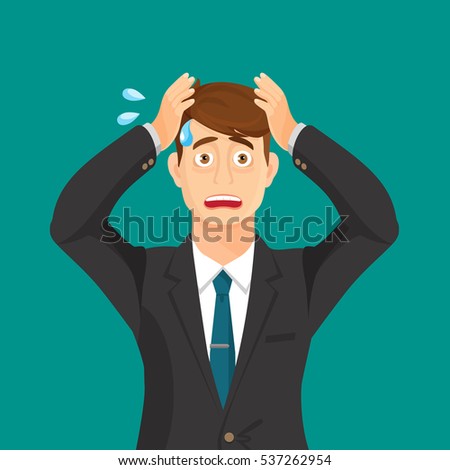 Anxiety person portrait on blue background. Cartoon illustration. Anxious hold hands at his face and scream. Headache pain. Worried loser. Tired, upset person. Disappointed, depressed, shocked. Vector