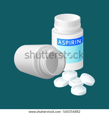 Aspirin pill bottle vector illustration. Medicine remedy in plastic container. Pharmaceutical medicament painkiller isolated in realistic style. Package for pill capsules. Medical treatment