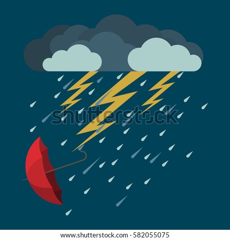 Lightning and heavy rain with falling red umbrella icon in flat style on blue background. Vector illustration of bad weather condition. Dark clouds with falling raindrops and yellow lightning arrows
