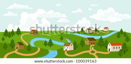 Landscape with trees, houses, roads and river, vector illustration.
