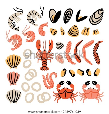 Delicious seafood doodles with various crustaceans, shells and mussels. Vector clip art food theme illustrations set, isolated on white background