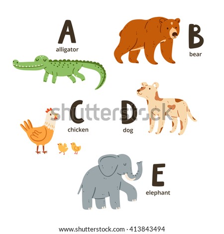 Animal Alphabet Letters A To E, Vector Illustrations Set - 413843494 ...